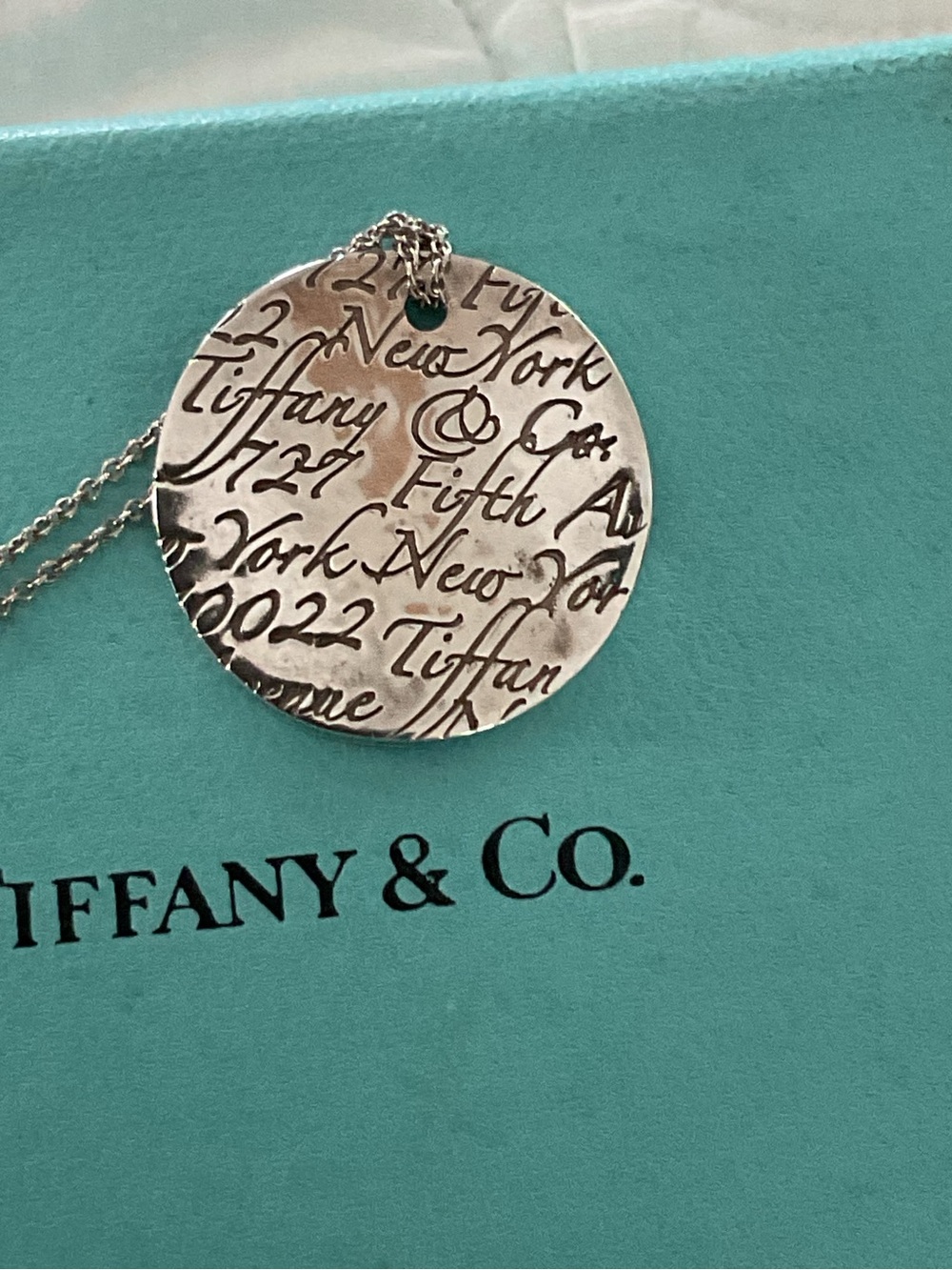 Tiffany & Co. Sterling Silver Engraved Script Disc Necklace - Silver